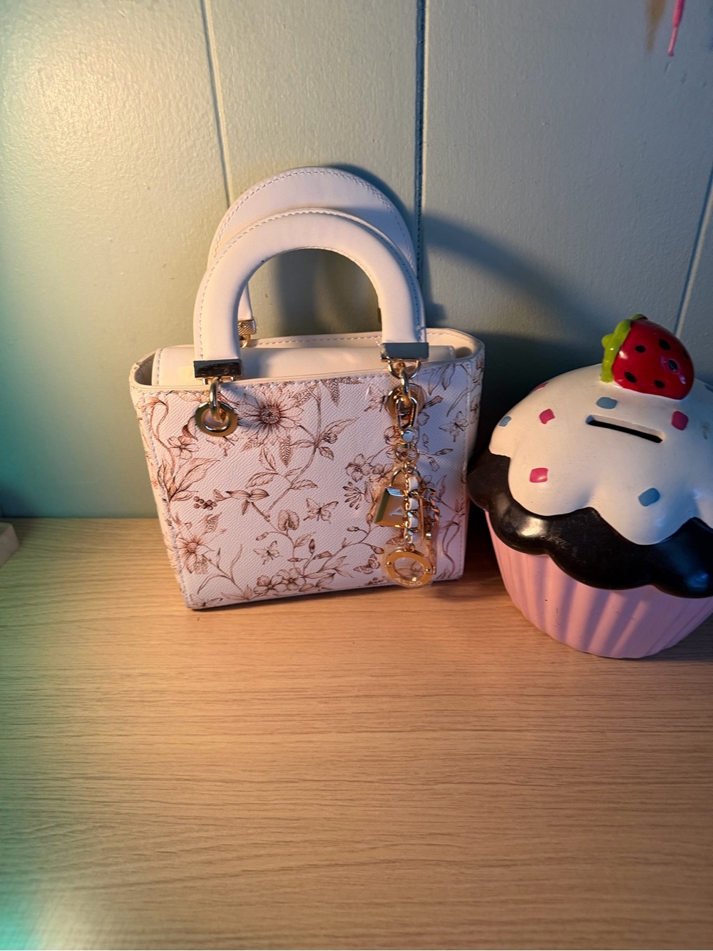 Aldo White Floral Satchel with Gold Charm